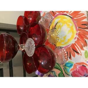 Set of 7Vintage Ruby Red Glass Dessert Cups with Clear Bubble Stems